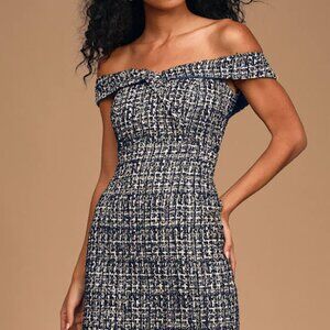 Lulus On Fifth Avenue Navy Blue Multi Off-the-shoulder Mini Dress - Size M